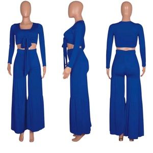 2pc Long Sleeve Tie UP Crop Top Wide Leg Pant Set